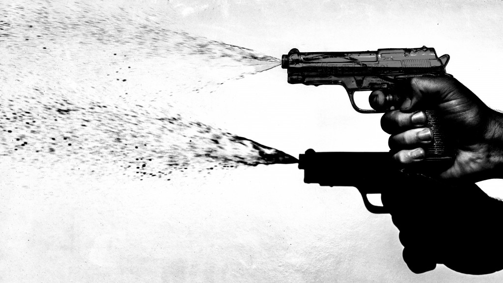 Hand shooting water pistol with harsh drop shadow in 70s style with noisy film grain and posterization, black white version